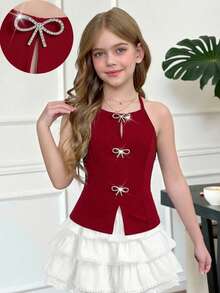 Firerie Kids Firerie Kids Tween Girl Red Knit Fitted Rhinestone Bow Decor Slit Halter Neck Chic Fashion Camisole, Y2K, Back To School, Mommy And Me Matching - Red - View 5