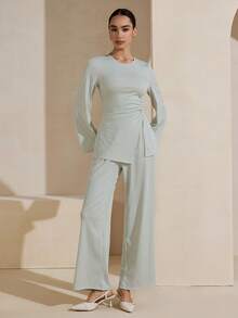 Graceveil 两件套修身休闲舒适针织上衣和宽松裤子女士阿拉伯风格套装 - 綠色 - 查看 5