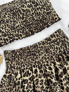 Tween Girls Leopard Print Tube Top Camisole & High Waist Layered Ruffle Hem Cake Skirt 2 Piece Outfit, Casual Vacation Wear - Rust Brown - View 3