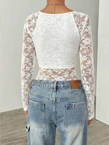 SHEIN EZwear 白色蕾丝圆领长袖连体衣，性感白色上衣，白色蕾丝上衣，女士蕾丝上衣，透视上衣，蕾丝打底衫，长袖 - 白色 - 查看 2