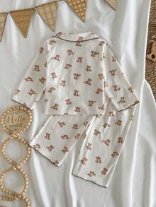 Loomiva Conjunto de 2 piezas de cardigan de punto suave con cuello y pantalones de cintura elástica con estampado de oso de dibujos animados para bebé niño - Caqui - Ver 2