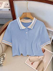 GlowEve CURVE 大码撞色 Polo 领休闲夏季针织 T 恤 - 藍色 - 查看 1