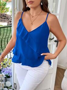 Reflora Plus Size Women Solid Color Ruffle Trim Camisole - Royal Blue - View 3