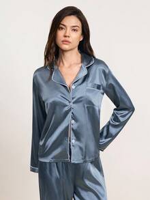 2 件套女士纯色缎面睡衣套装，长袖有领衬衫和长裤家居服，适合家居服、秋冬装、秋季服装 - 彩色 - 查看 7