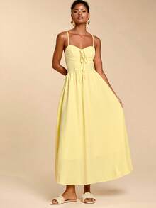Travachic 女士休闲度假风纯色系带吊带连衣裙，夏季，嘉年华 - 黃色 - 查看 4