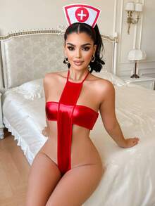 2pcs Shiny Reflective Nurse Costume Jumpsuit, Suitable For Bars, Parties, Masquerade Balls, Women - Red - View 4