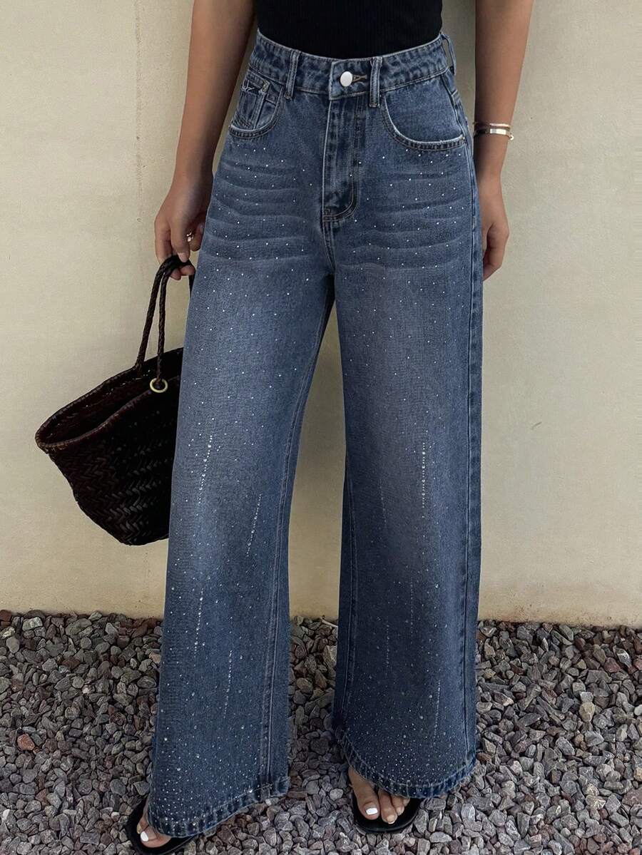 DAZY Women's Regular Waist Loose Rhinestone Embellished Casual Straight Leg Jeans - Medium Wash - View 1