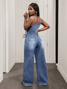 Slaydiva Women's Casual Fashion Street Loose Zip-Up Jumpsuit With Wide Leg, Suitable For Daily Commute, Summer - Blue - View 2