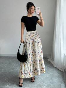 Selianne 女士优雅碎花高腰层叠A字裙，春夏款 - 杏色 - 查看 1