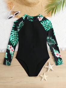 SHEIN 少女碎花长袖连体泳衣 - 黑色 - 查看 3