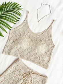 Franclia New Sexy Hollow Camisole Design Bohemian Style 2 Pieces Knit Sweater Set, Suitable For Beach Holiday, Summer - Khaki - View 8