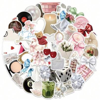 50 White And Pink Aesthetic Stickers, Watercolor Stickers, Diary Stickers, Cute Bow Stickers, Fashionable Ins Stickers, Flower Stickers, Vinyl Waterproof Stickers, Suitable For Water Bottles, Computers, Laptops, Mobile Phones, Suitcases, Notebooks, Refrigerators