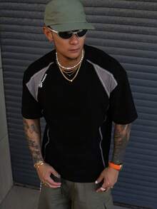 DAZY Maglietta sportiva da uomo con maniche a raglan e design in tessuto patchwork, estiva - nero - Visualizzare 1