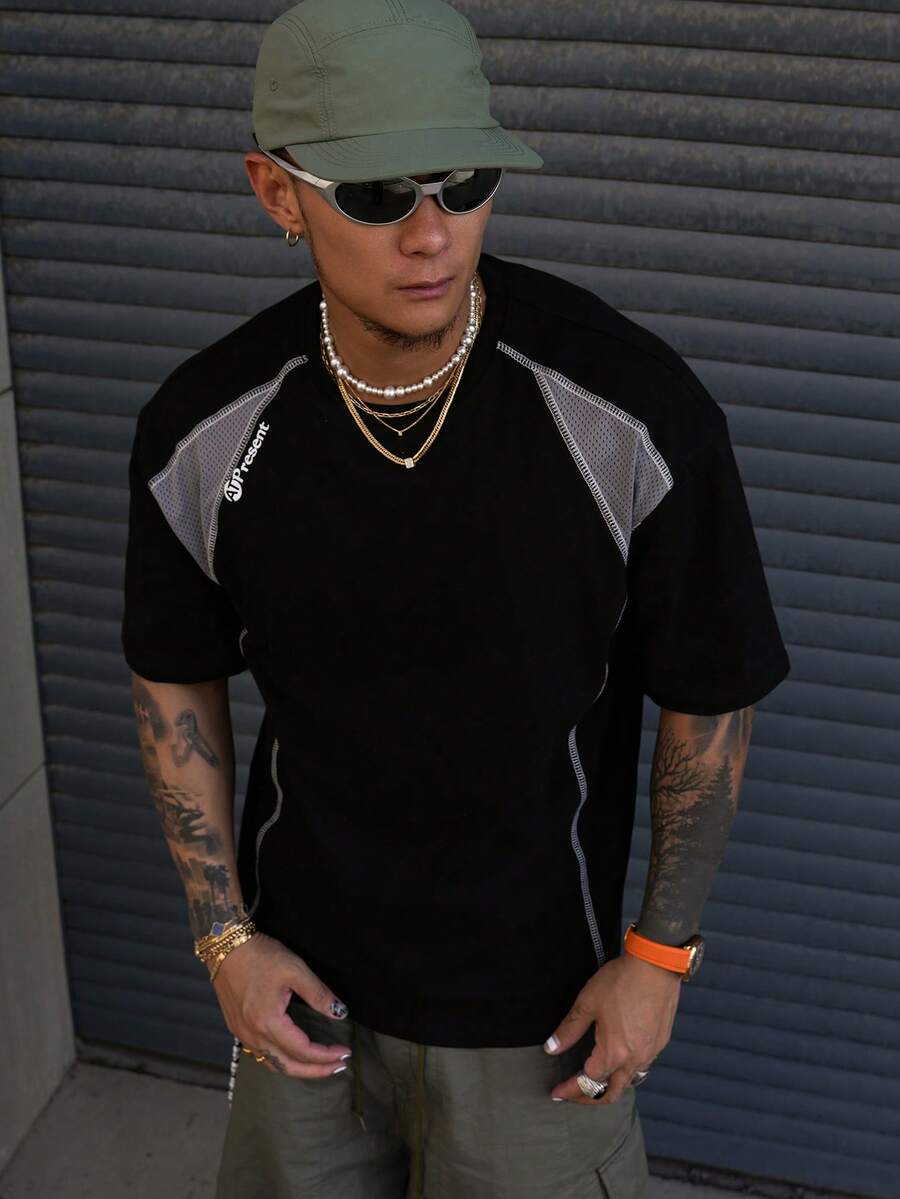 DAZY Maglietta sportiva da uomo con maniche a raglan e design in tessuto patchwork, estiva - nero - Visualizzare 1