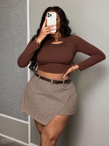 SHEIN PETITE CURVE Váy/Quần dài nữ cỡ lớn cạp cao, vạt bất đối xứng, họa tiết răng cưa. - Nhiều màu - Xem 7