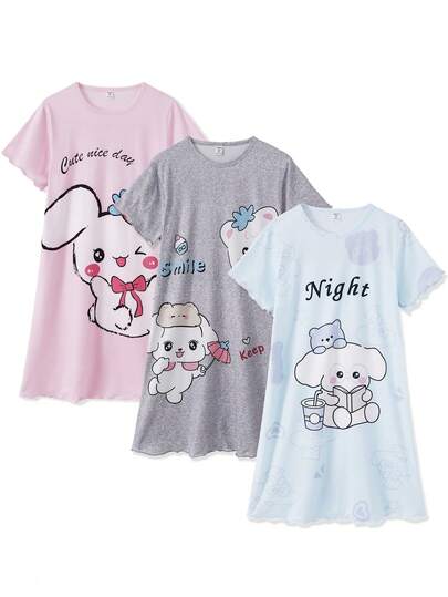Tween Girls Pajamas-3 Piece Pajama Spring To Summer Cute Bunny Nightgown Dress Round Neck Short Sleeve Sleepwear Cartoon Print Pink Grey Blue Comfortable Soft Lightweight Home Pajama Night Shirt Four Seasons 2026 Holiday Essential Perfect Gift For Kids Ages Eight To Twelve