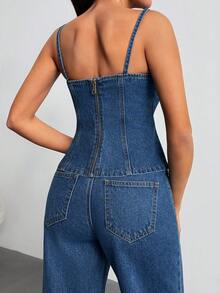 SHEIN 100% Cotton Women's Denim Two Pieces Outfits With Top And Jean - Medium Wash - View 7