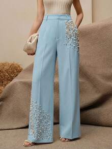 Anewsta Women's Modern Fashion Faux Pearl Embellished Suit Pants For Commuting - Baby Blue - View 1