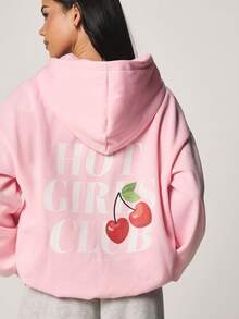 MISSGUIDED Women Oversized Pink Hoodie With Hot Girls Club Cherry Print Back Graphic Long Sleeve Drawstring Pullover Sweatshirt For Casual Fall Winter - Pink - View 1