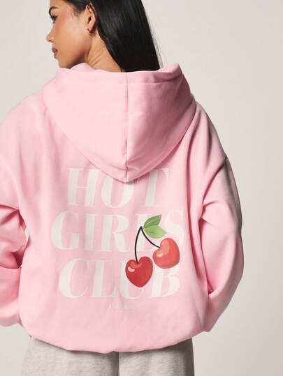 MISSGUIDED Damöverdimensionerad rosa huvtröja med heta tjejer-klubbar, körsbärstryck baktill, grafiskt, långärmad, dragsko-tröja för casual höst/vinter