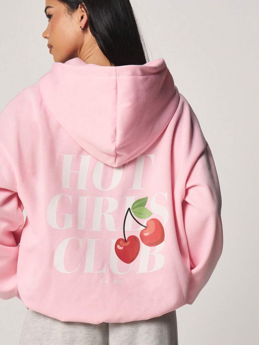 MISSGUIDED Women Oversized Pink Hoodie With Hot Girls Club Cherry Print Back Graphic Long Sleeve Drawstring Pullover Sweatshirt For Casual Fall Winter - Pink - View 1
