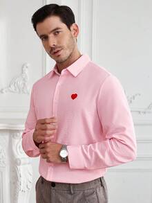 Core Aspect 男士心形刺绣单排扣休闲长袖衬衫 男士长袖衬衫 粉色纽扣衬衫 男士粉色衬衫 男士翻领衬衫，情人节送给男友的礼物 - 粉色 - 查看 7