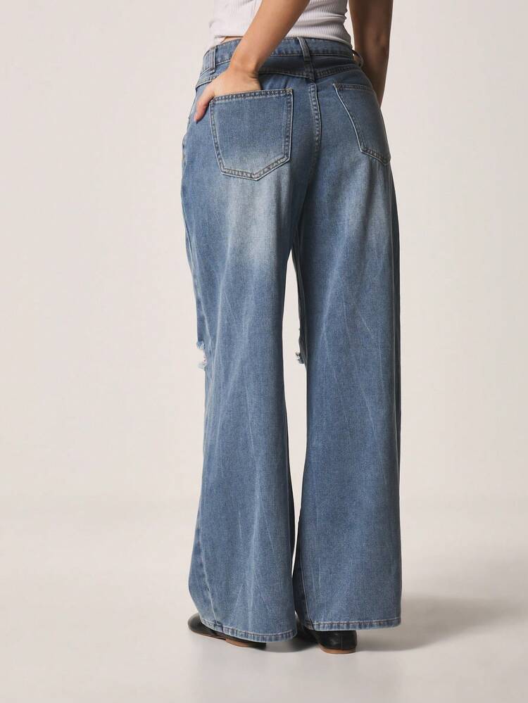 MISSGUIDED Mid Rise Distressed Wide Leg Jeans With Ripped Knee Holes Light Wash Baggy Flare Denim Pants Fall Winter Casual Streetwear