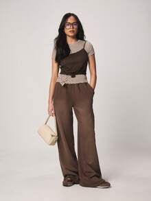 MISSGUIDED Women's Double Layer Cami Tank Top With Striped Tee Underneath Casual Layered Sleeveless Knotted Style Brown White - Multicolor - View 3