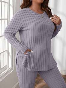 SHEIN Cottnline Plus Size Comfortable Knit Ribbed 2 Pieces Set - Lilac Purple - View 6