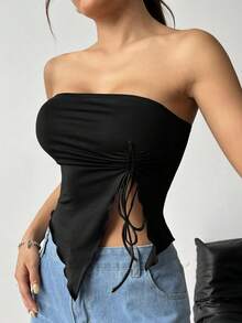 SHEIN EZwear 夏季不对称下摆单肩上衣，配有侧抽绳细节 - 黑色 - 查看 5