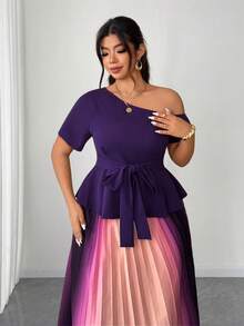 Elenzga Plus Size Women's Summer Elegant Dark Purple Off-Shoulder Cinched Waist Top & Ombre Pleated Skirt 2-Piece Set,Wedding Ninang Outfit For Dates - Multicolor - View 3