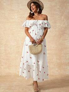 Đầm bầu mùa hè in hình quả anh đào, trễ vai, xếp ly. - trắng - Xem 6