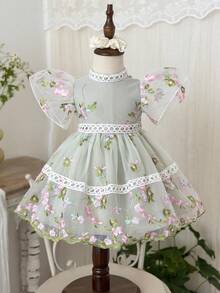 LMoss Kids LMoss   Baby Girl Woven Mandarin Collar Solid Color Patchwork Embroidered Mesh Casual Dress,,فستان,تنوره,فساتين بنات,ملابس اطفال,Baby Girls Clothes,Prom Dress,Summer Clothes,Suitable For Everyday Life, Parties, Birthdays, And Celebrations In Spring And Summer. - Multicolor - View 8