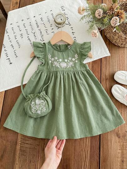 LMoss Kids Baby Girl Ditsy Floral Ruffle Hem Casual Dress With Crossbody Bag