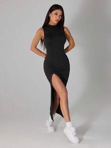 SHEIN PETITE Đầm xẻ tà thanh lịch, thoải mái dành cho nữ, nhẹ nhàng, thích hợp cho mùa hè. - màu đen - Xem 3