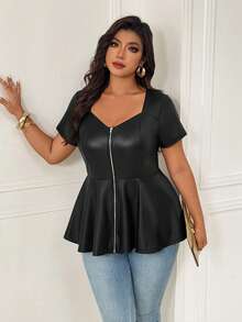 Femmeverse Áo nữ cỡ lớn cổ vuông khoét lỗ dáng chữ A chất liệu PU co giãn, giúp thon gọn và che khuyết điểm, ôm dáng. - màu đen - Xem 8