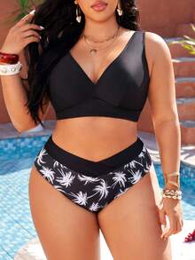 Swim Lushoire بيكيني مكون من قطعتين للنساء ذوات الحجم الكبير، قطعة علوية بلون واحد وقطعة سفلية بطبعة أشجار النخيل، مثالي للشاطئ والمنتجعات، تصميم بسيط وأنيق - أبيض وأسود - مشاهدة 3