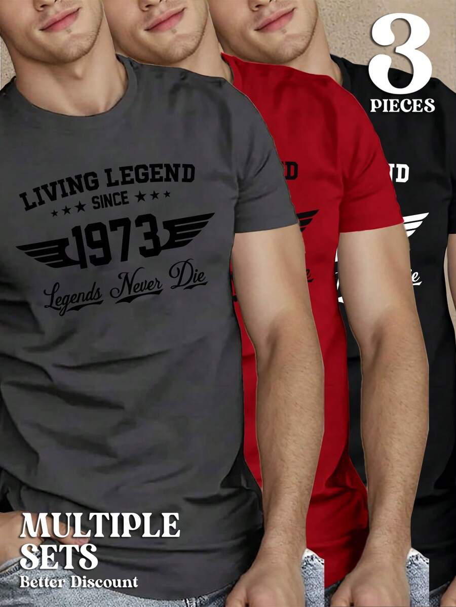 Manfinity Homme Men's Letter Print Round Neck Short Sleeve Casual Slim Fit T-Shirt 3pcs/Set Living Legend 1973 T-Shirt - Grey - View 1