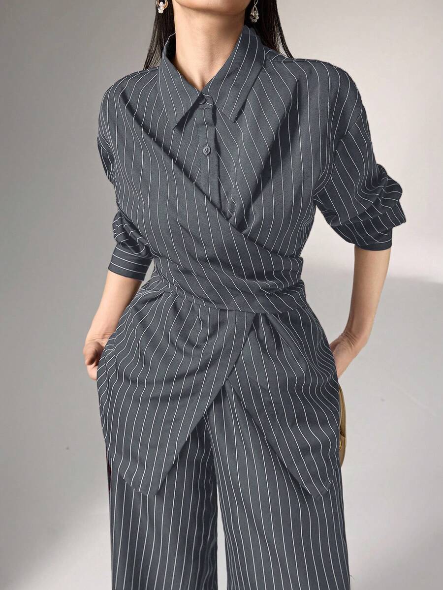 Heiryn 2pcs/Set Kemeja Bergaris dan Celana Panjang Lebar Wanita, Pinggang Diikat Gaya Vintage, Serbaguna untuk Perjalanan dan Pemakaian Sehari-hari - Dark Grey - View 1