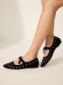 CUCCOO CHICEST Giày bệt mũi vuông thoải mái, màu trơn, họa tiết nơ mới, đa năng cho mùa xuân và mùa thu - màu đen - Xem 7