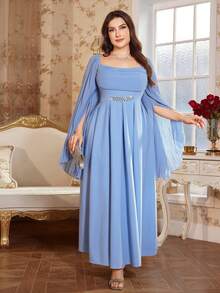 Reflora 大码优雅纯色披肩袖连衣裙，适合派对穿着 - 藍色 - 查看 9