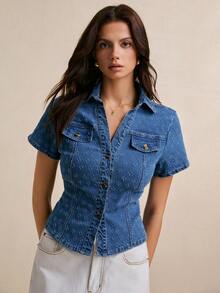 Poéselle 女士牛仔上衣，短袖，单排扣，休闲牛仔衬衫，修身腰部，提花面料。夏季春假外出上衣，蓝色牛仔上衣，夏季度假女装 - 深色水洗藍 - 查看 3