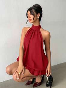 Aloruh 女士优雅浅黄色吊带系带迷你连衣裙 - 紅色 - 查看 7