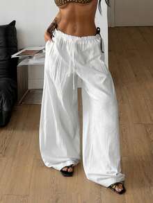 Coolane Women's White Woven Drawstring Waist Casual Pants - White - View 1