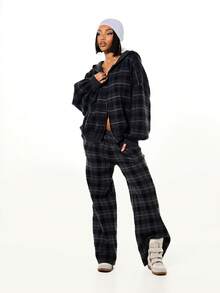 SUMWON WOMEN Oversized Check Zip Through Hooded Cardigan Sweater With Ribbed Knit Cuffs And Waistband For Layering - Black - View 5