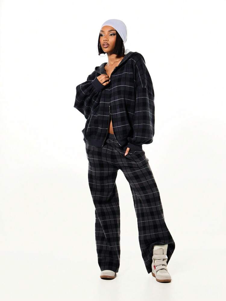 SUMWON WOMEN Oversized Check Zip Through Hooded Cardigan