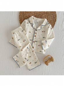 Loomiva 2件套男婴卡通汽车图案翻领长袖开衫衬衫和松紧腰裤套装 - 藍白色 - 查看 9