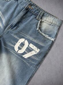 Manfinity ZONE917 Quần jeans ống rộng nam kiểu American Vintage màu xanh nhạt bạc màu, in họa tiết kỹ thuật số, rách rưới. - Màu xanh lam - Xem 4