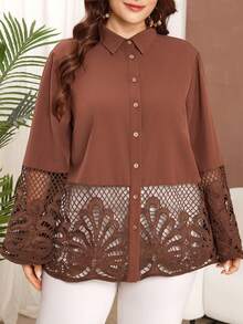 Lacomfia Plus Size Casual Solid Color Lace Trim Loose Long Sleeve Shirt, Spring/Autumn - Brown - View 1