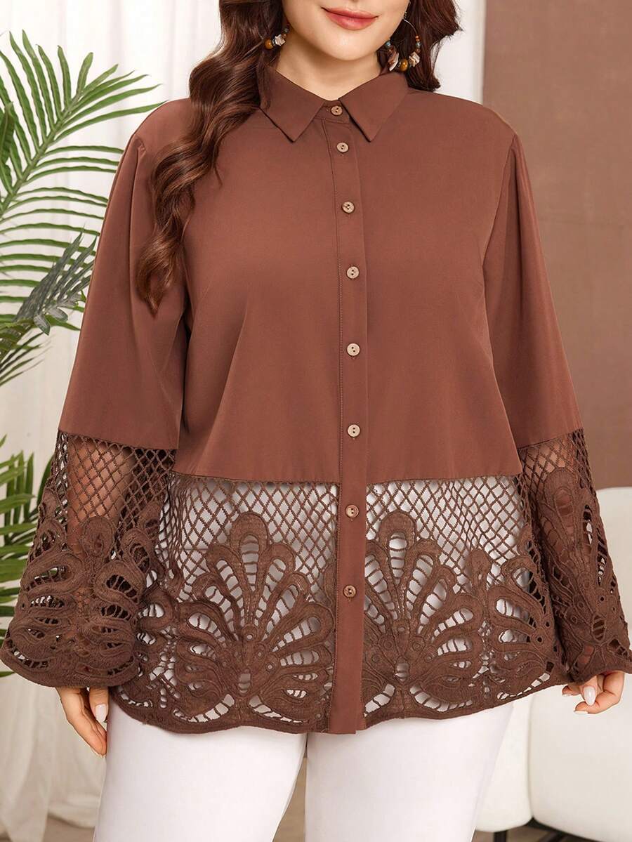 Lacomfia Plus Size Casual Solid Color Lace Trim Loose Long Sleeve Shirt, Spring/Autumn - Brown - View 1